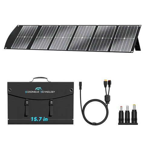 Ecosonique Technology 100W foldable panel folded for compact travel and ready storage.