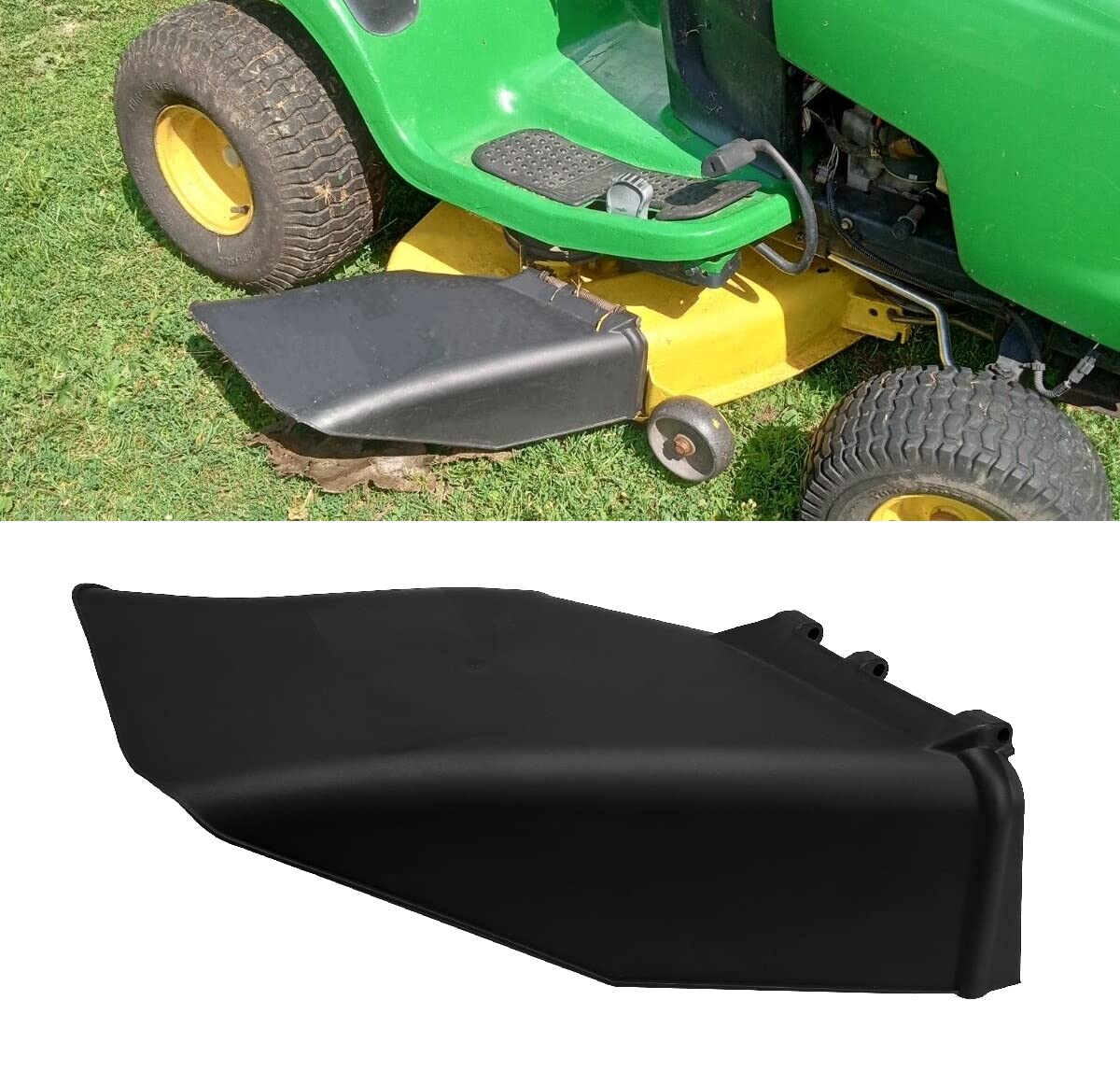ECOTRIC discharge chute kit close-up showing shield design for safer mowing.