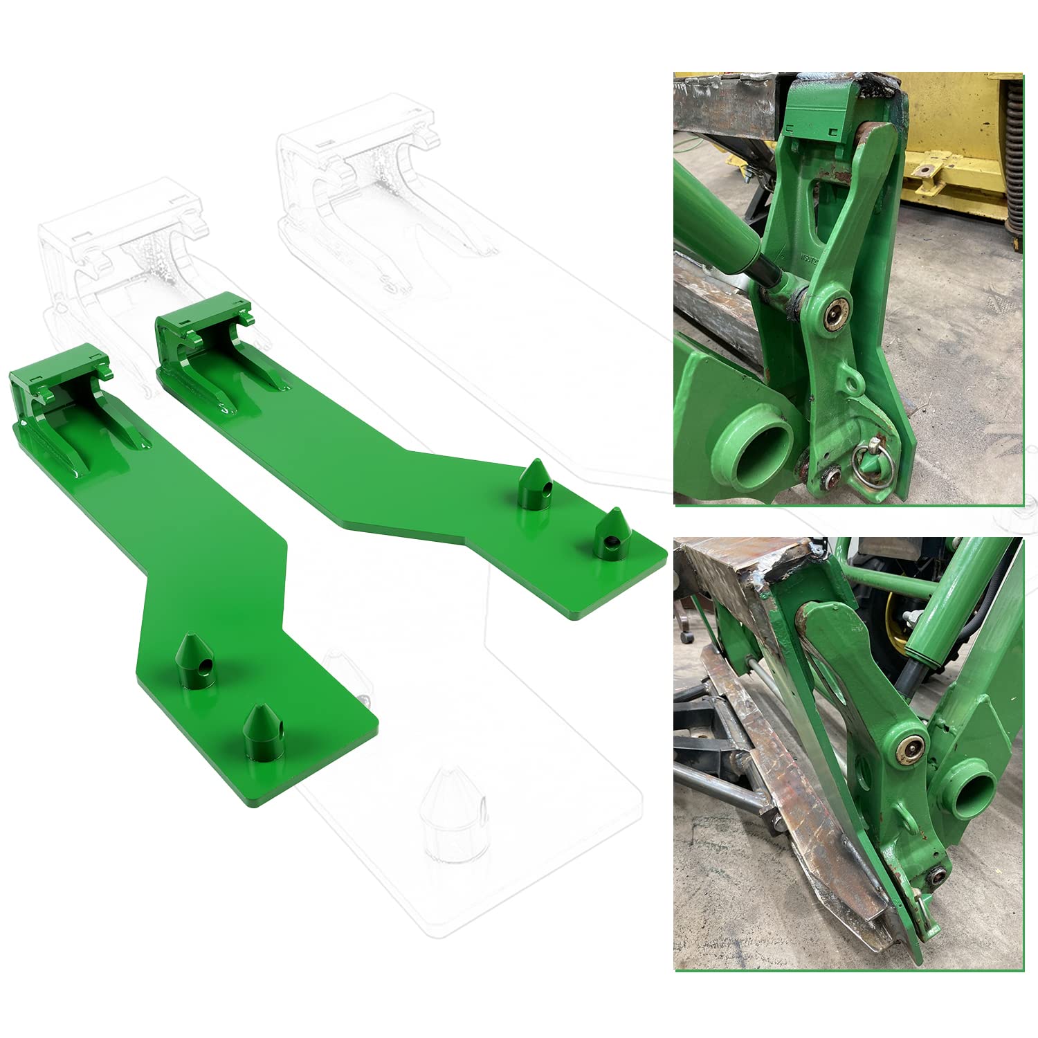 ECOTRIC quick tach brackets mounted on a John Deere loader showing top-pin compatibility for rugged attachments.