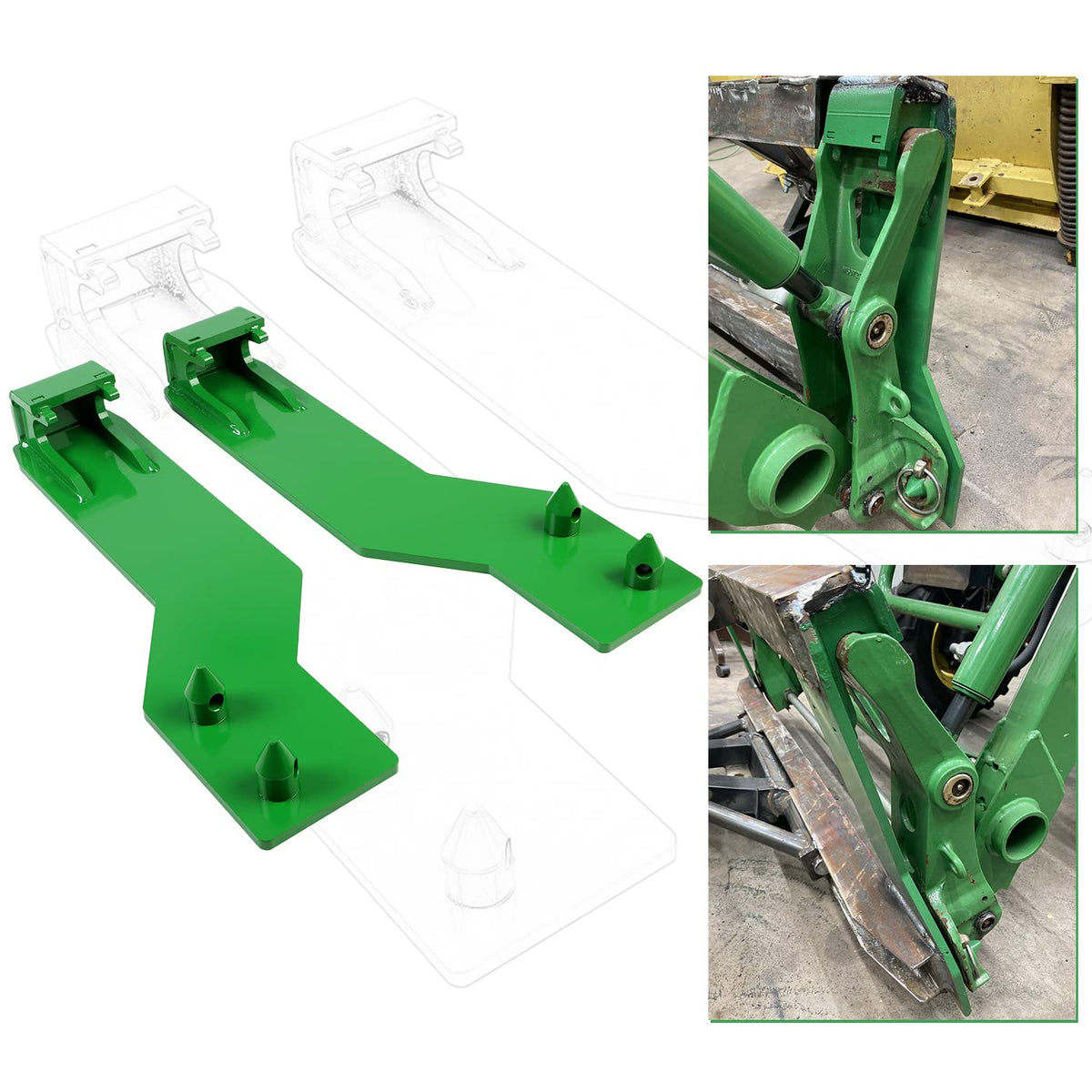 ECOTRIC quick tach brackets mounted on a John Deere loader showing top-pin compatibility for rugged attachments.