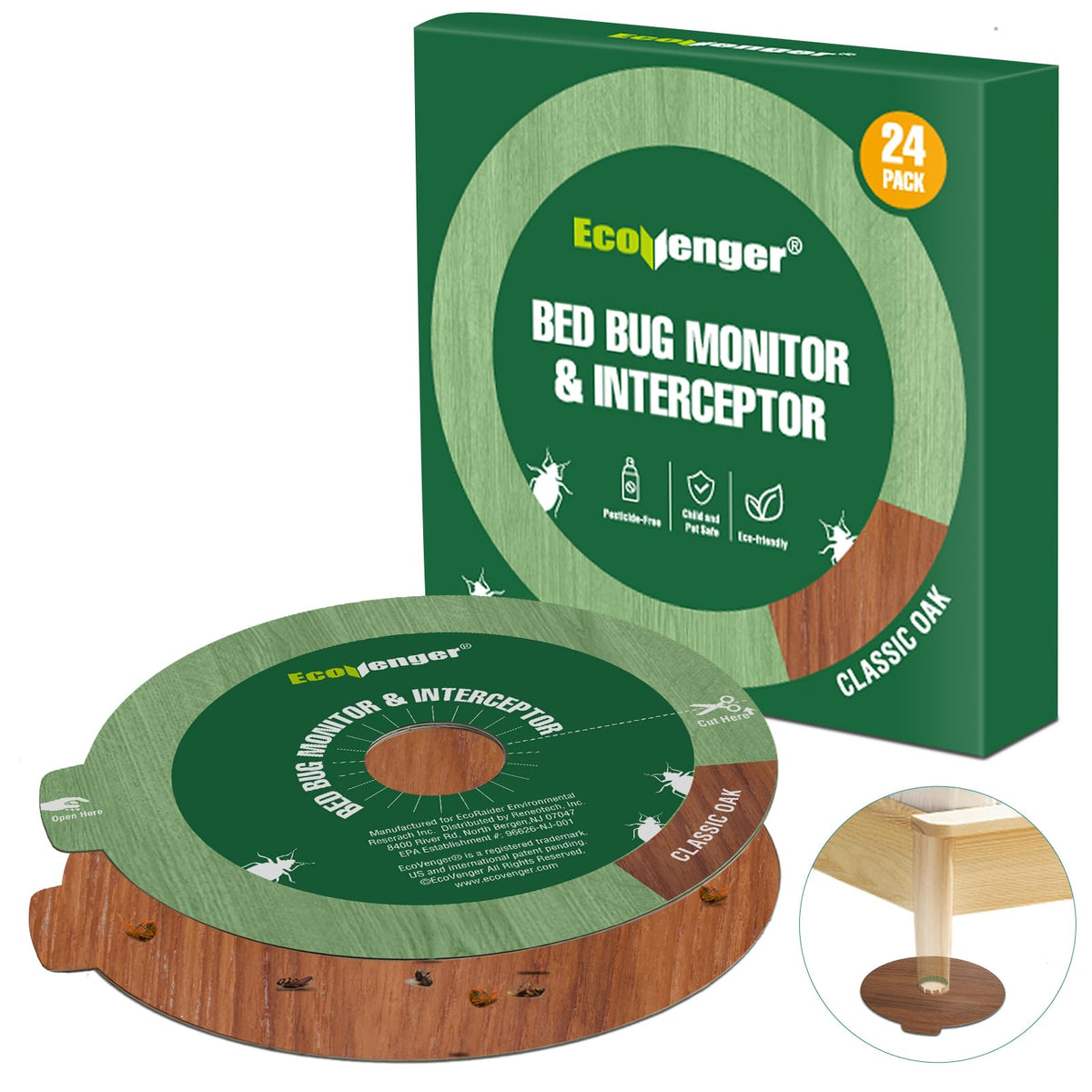 EcoVenger bed bug trap under furniture leg quietly monitors intruders.