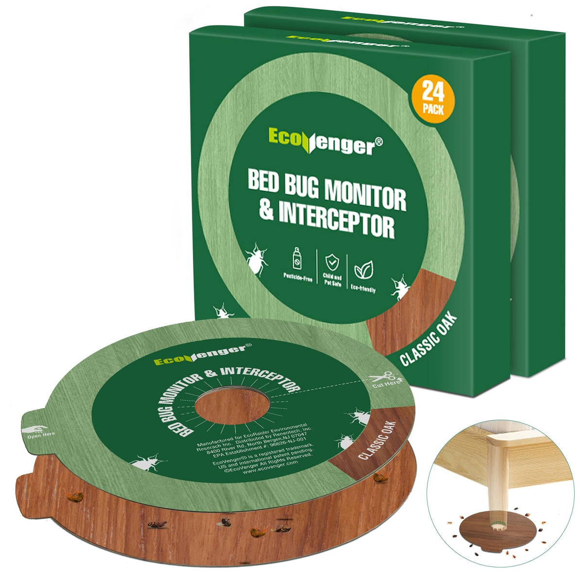 EcoVenger bed bug trap with oak-pattern plate sits under a leg to intercept pests.