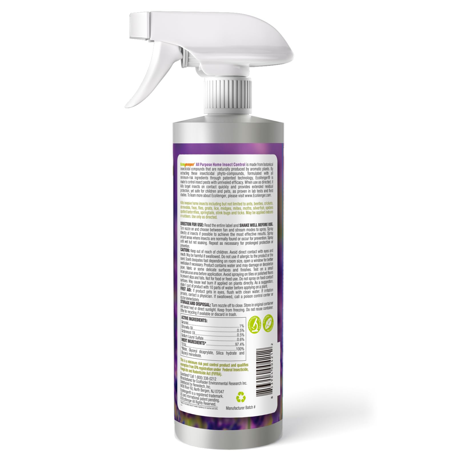 EcoVenger label detail shows non-toxic, plant-based ingredients for safe indoor use.