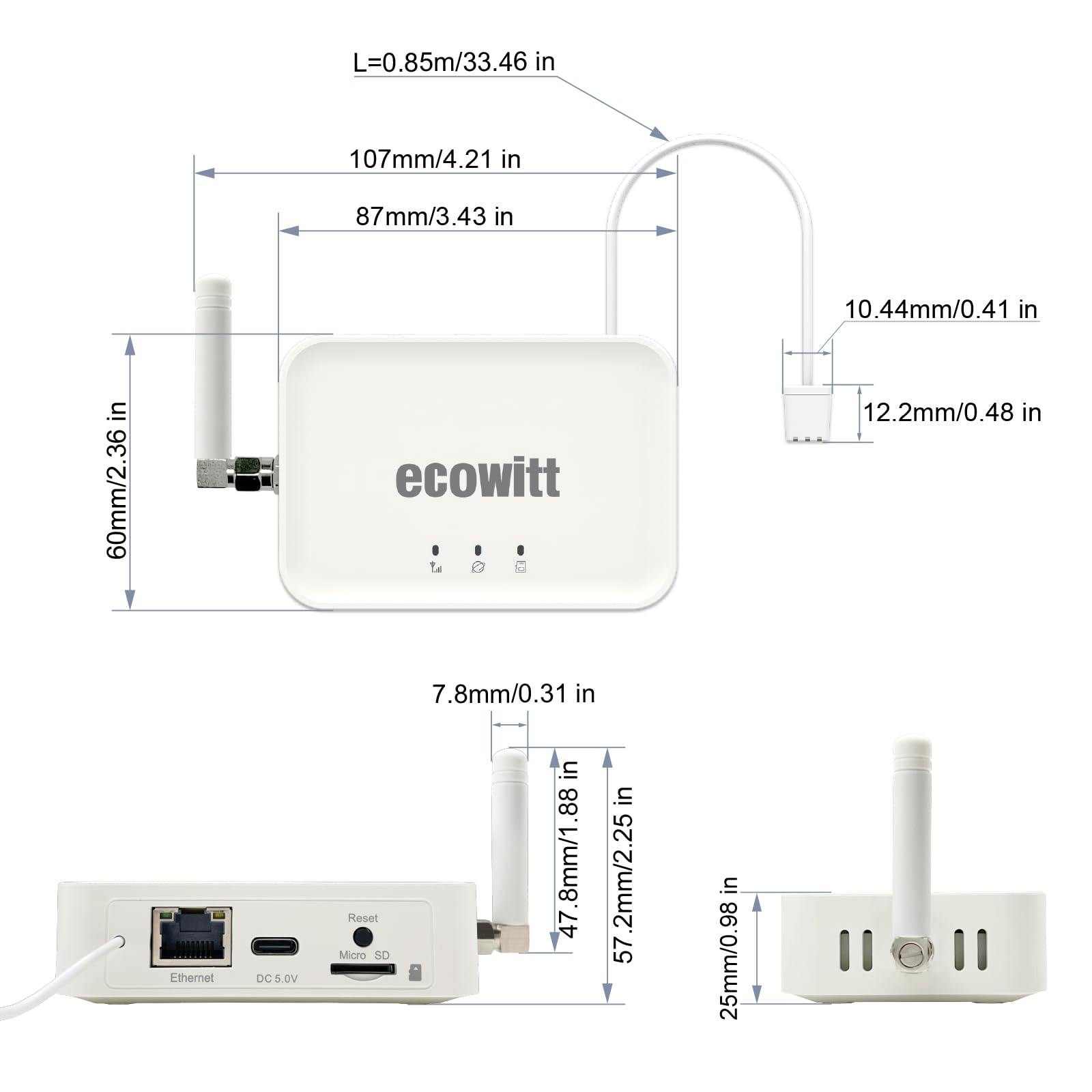 GW3000 top view shows Wi‑Fi, Ethernet, and SD card ports for flexible data transfer.