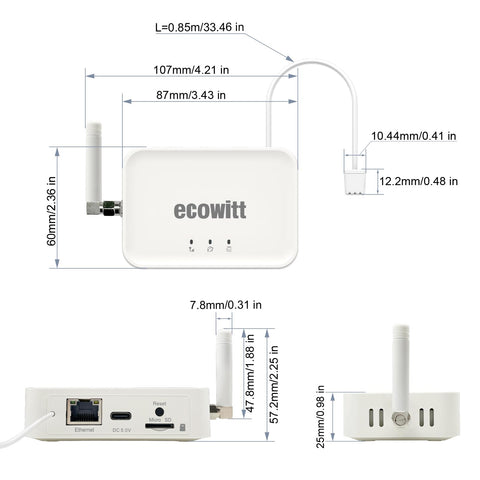 GW3000 top view shows Wi‑Fi, Ethernet, and SD card ports for flexible data transfer.