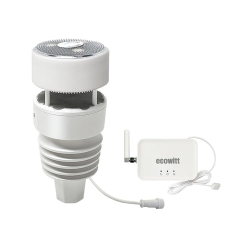 ECOWITT GW3001 weather station front view with all sensors visible for quick data glance