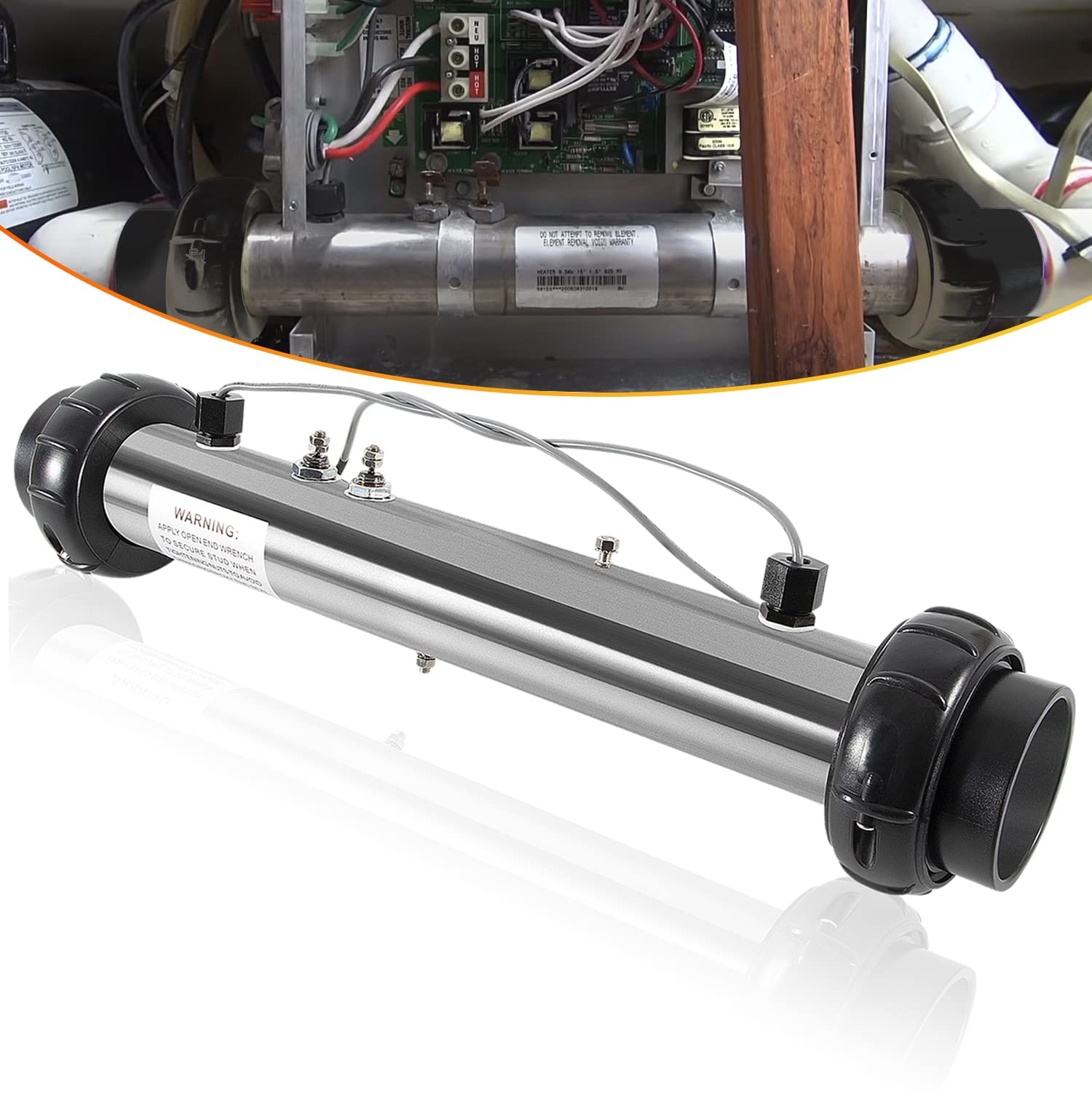 E-cowlboy 58083 M7 heater assembly with stainless housing, suited for spa durability.