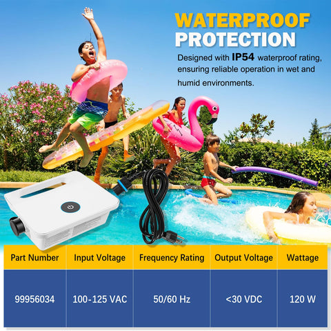 E-cowlboy IP54 waterproof rating badge shown for poolside durability.