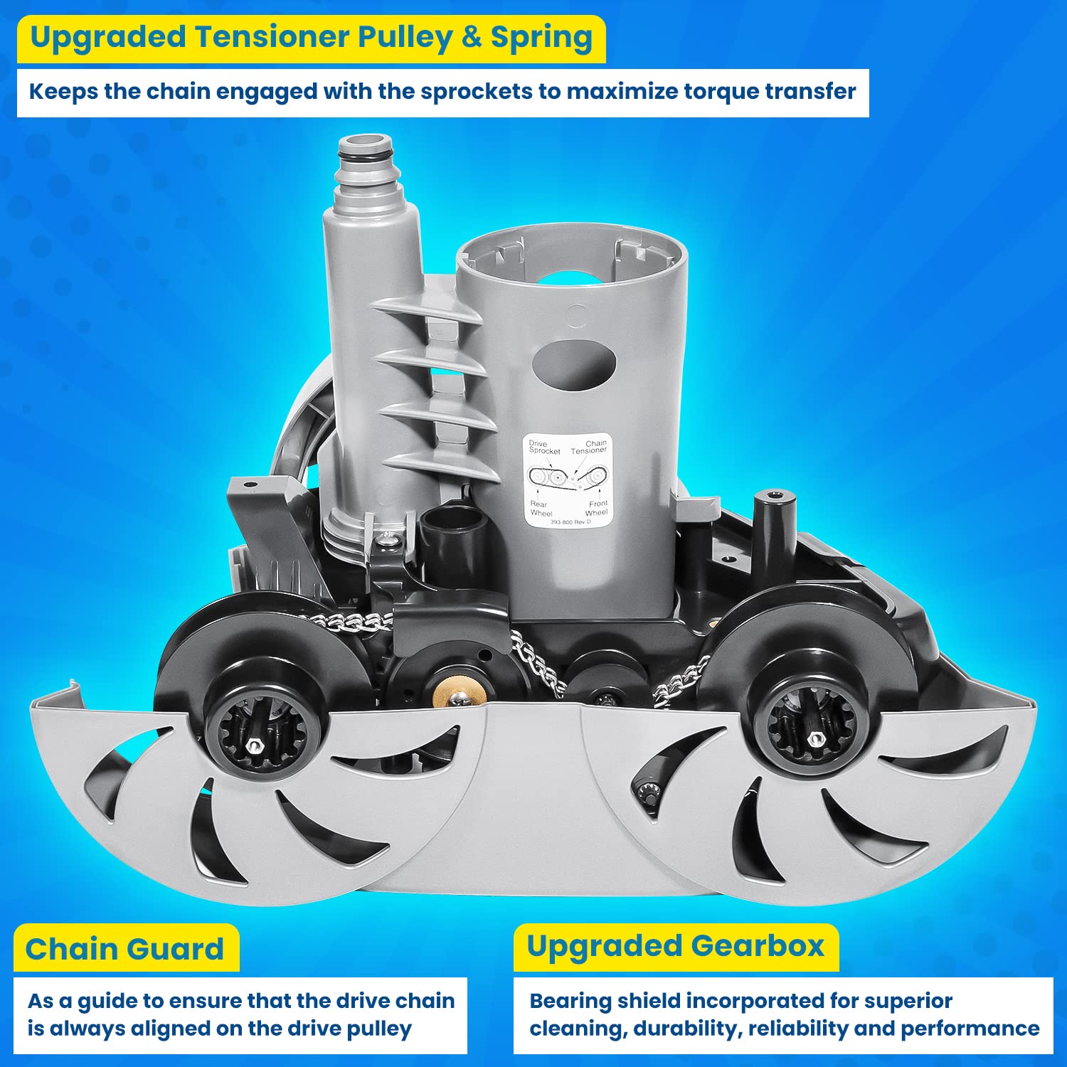 E-cowlboy Polaris gearbox and drive system for efficient cleaning performance.