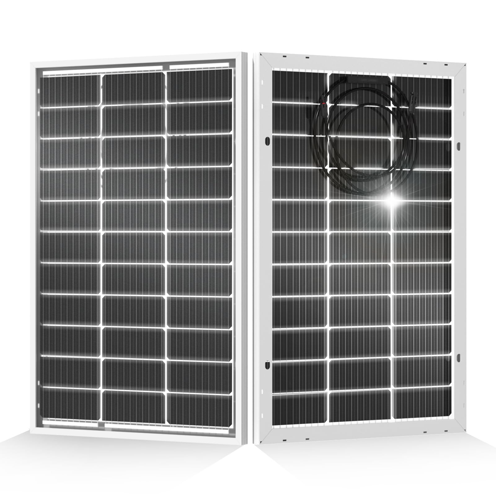 ECO-WORTHY bifacial panel front view showing high-efficiency monocrystalline cells for off-grid power.