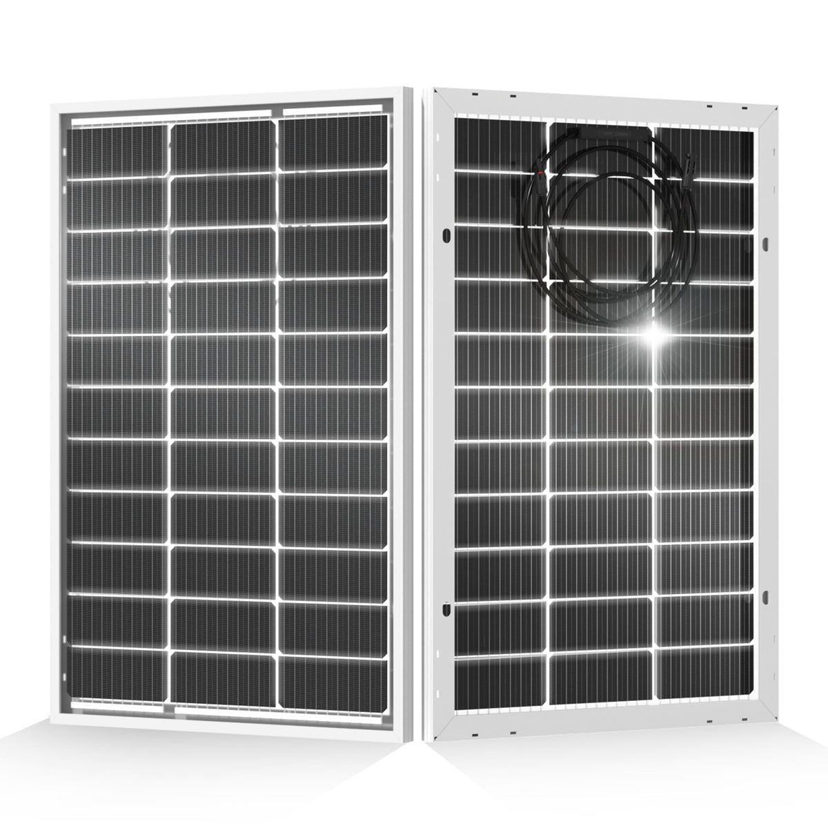 ECO-WORTHY bifacial panel front view showing high-efficiency monocrystalline cells for off-grid power.