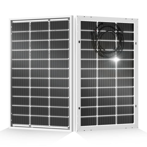 ECO-WORTHY bifacial panel front view showing high-efficiency monocrystalline cells for off-grid power.