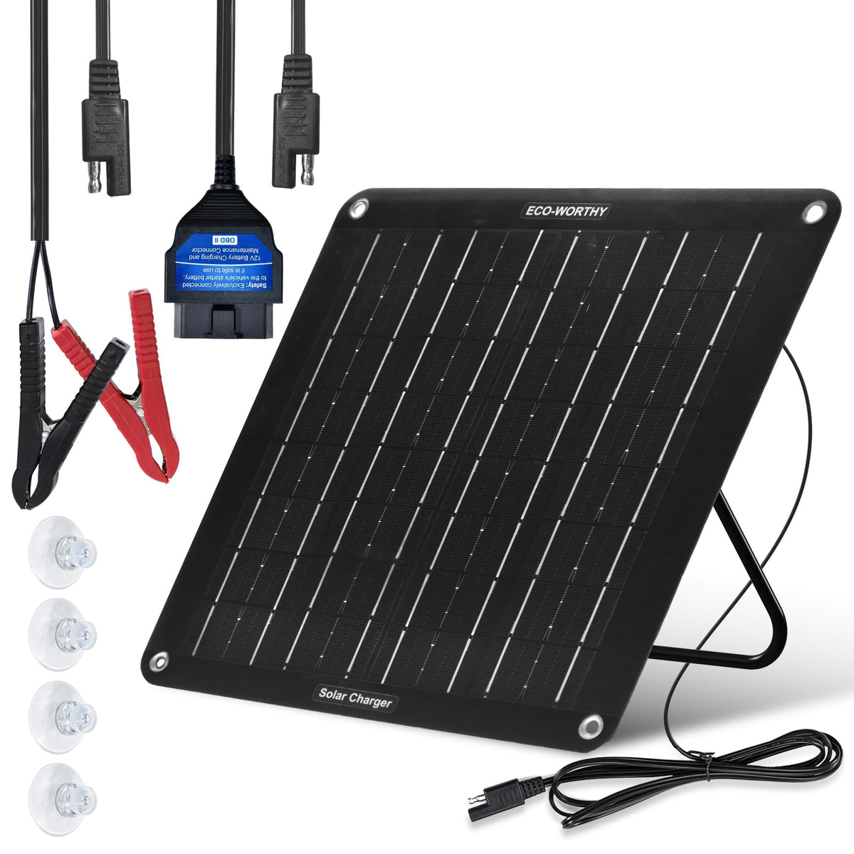 Eco-Worthy OBDII 10W solar charger panel for car battery maintenance.