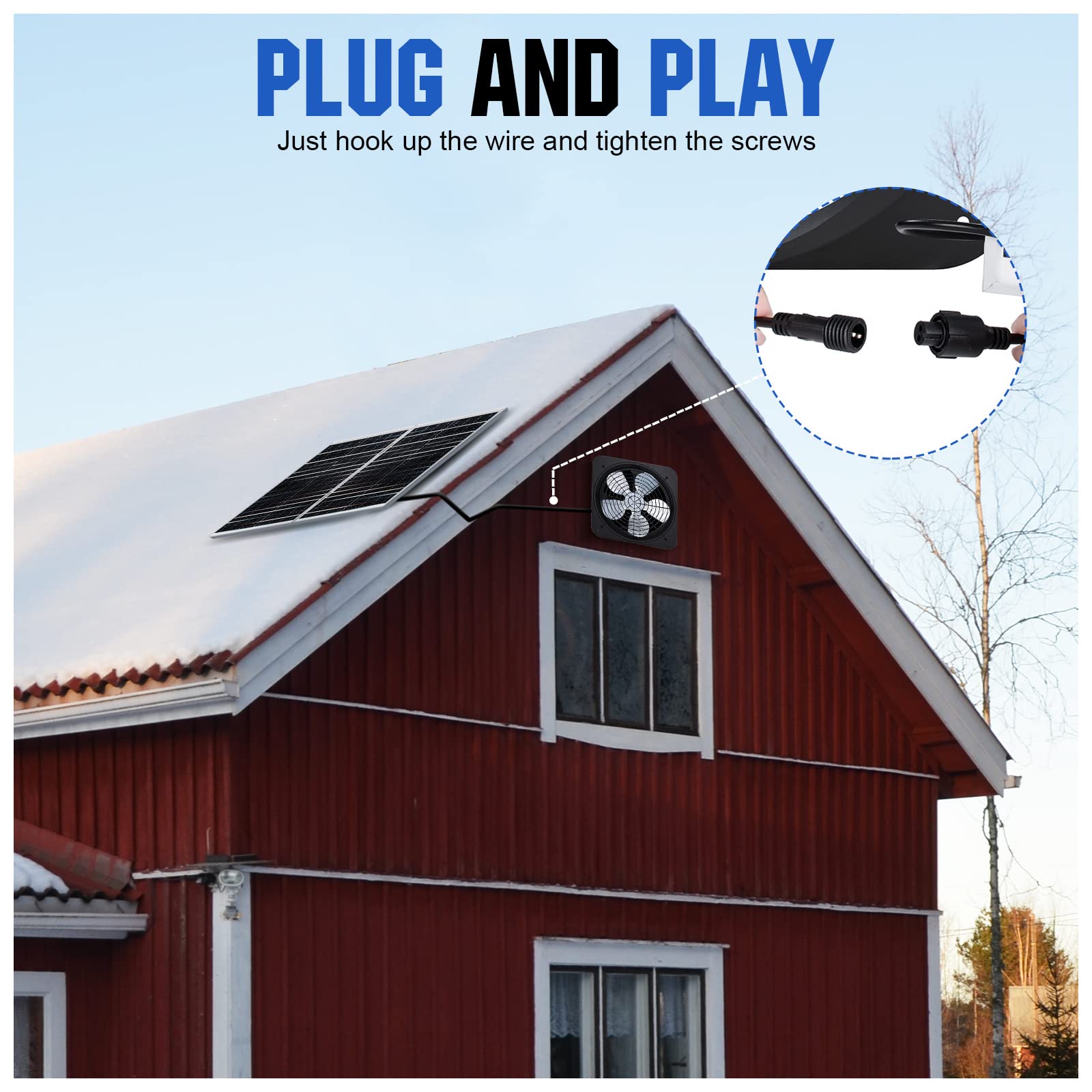 Foldable solar panel in use powers Eco-Worthy automatic ventilation