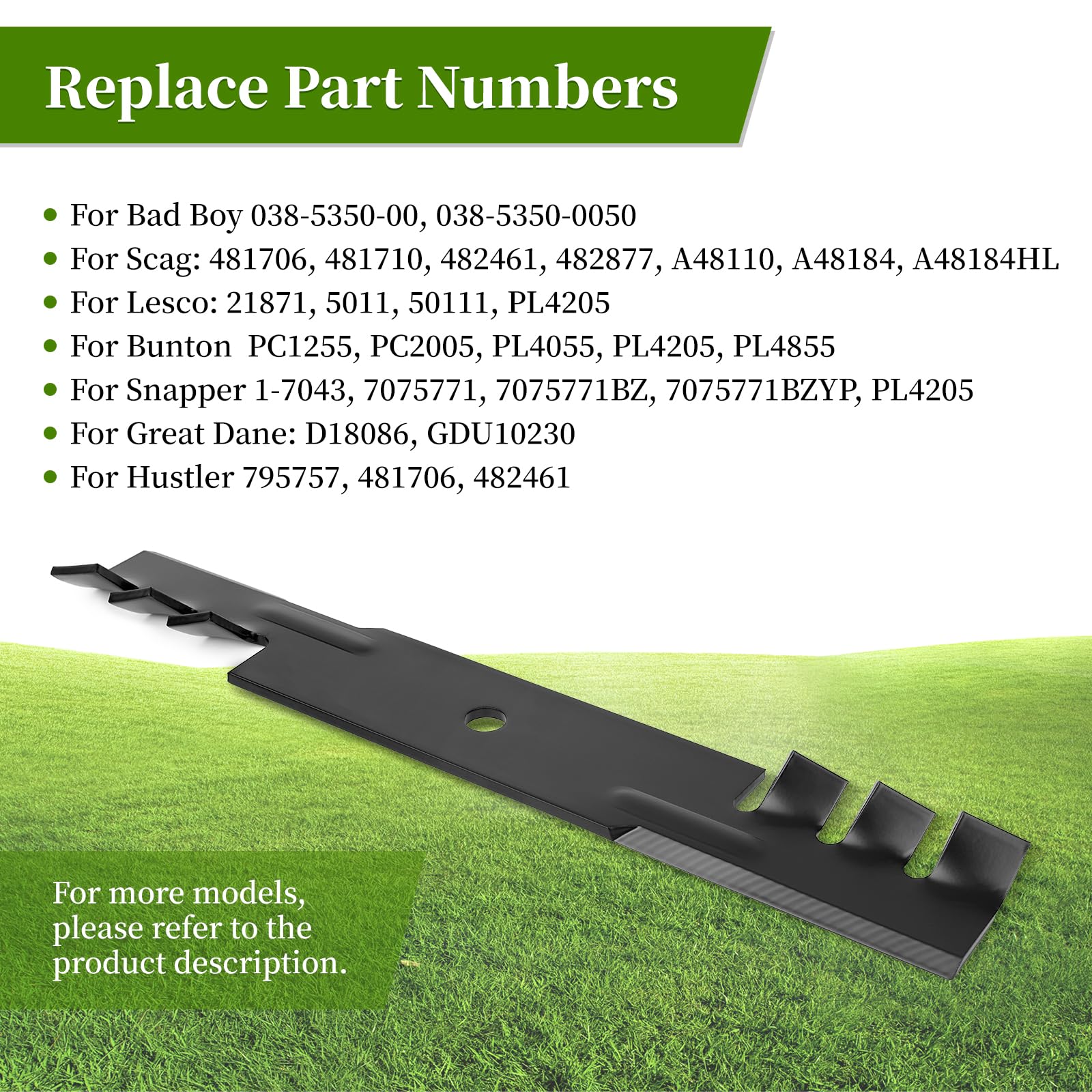 Ecreban Gator Mulching blade installation view with 5/8-inch hole