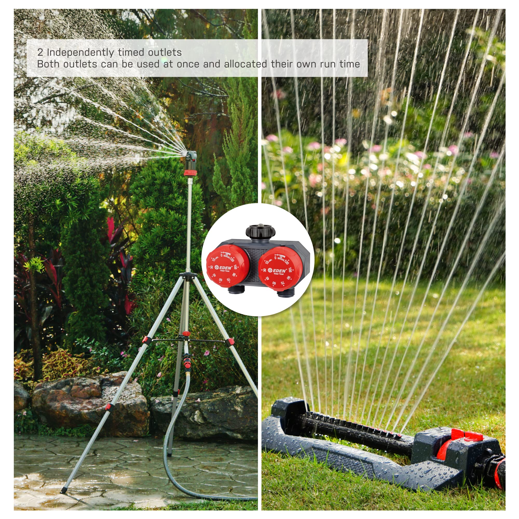 Eden 25124 compatible with drip and soaker hoses for low-pressure irrigation.