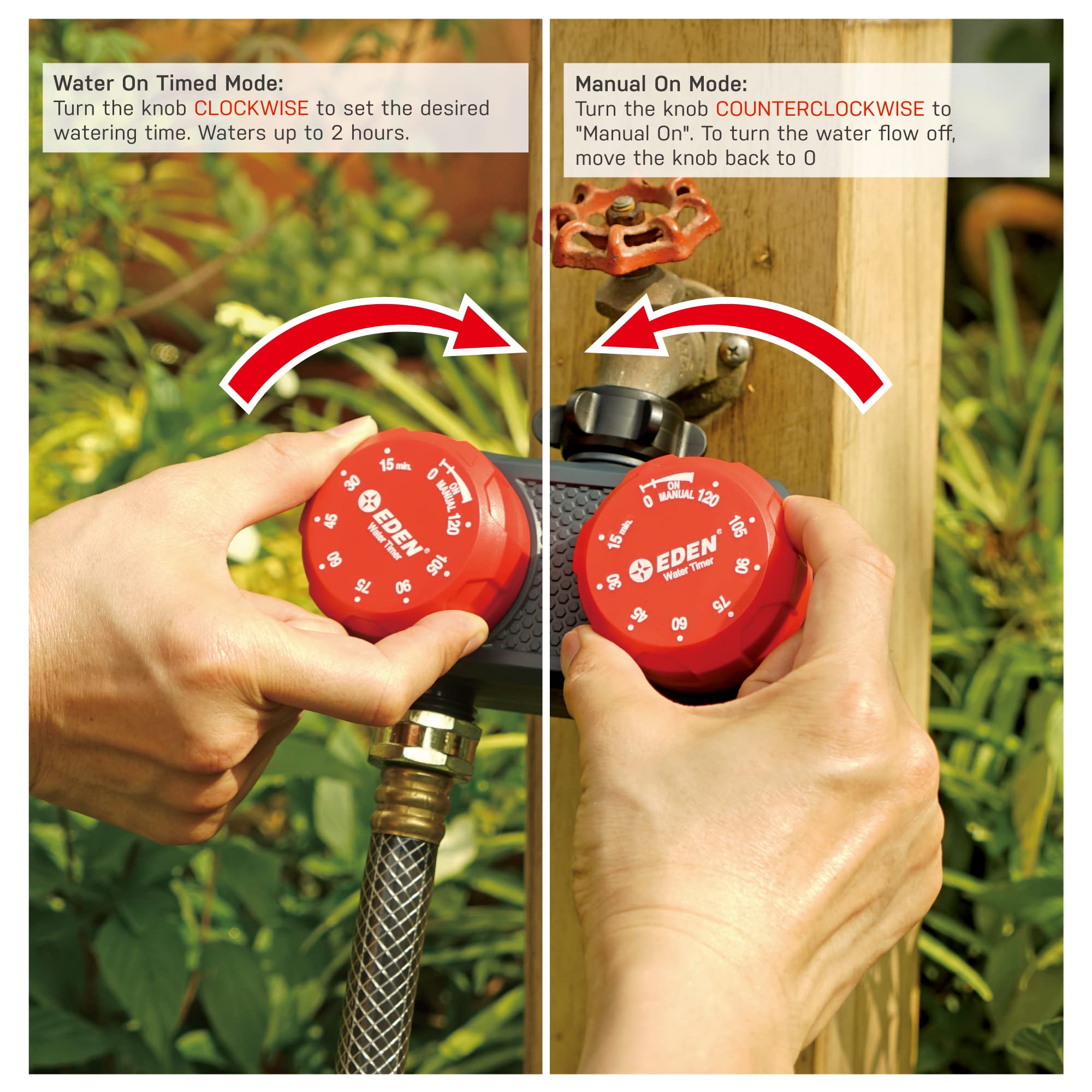 Eden 25124 connected to hose setup for smooth watering.