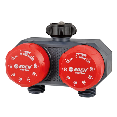 Eden 25124 two-zone timer on faucet enabling separate watering zones.