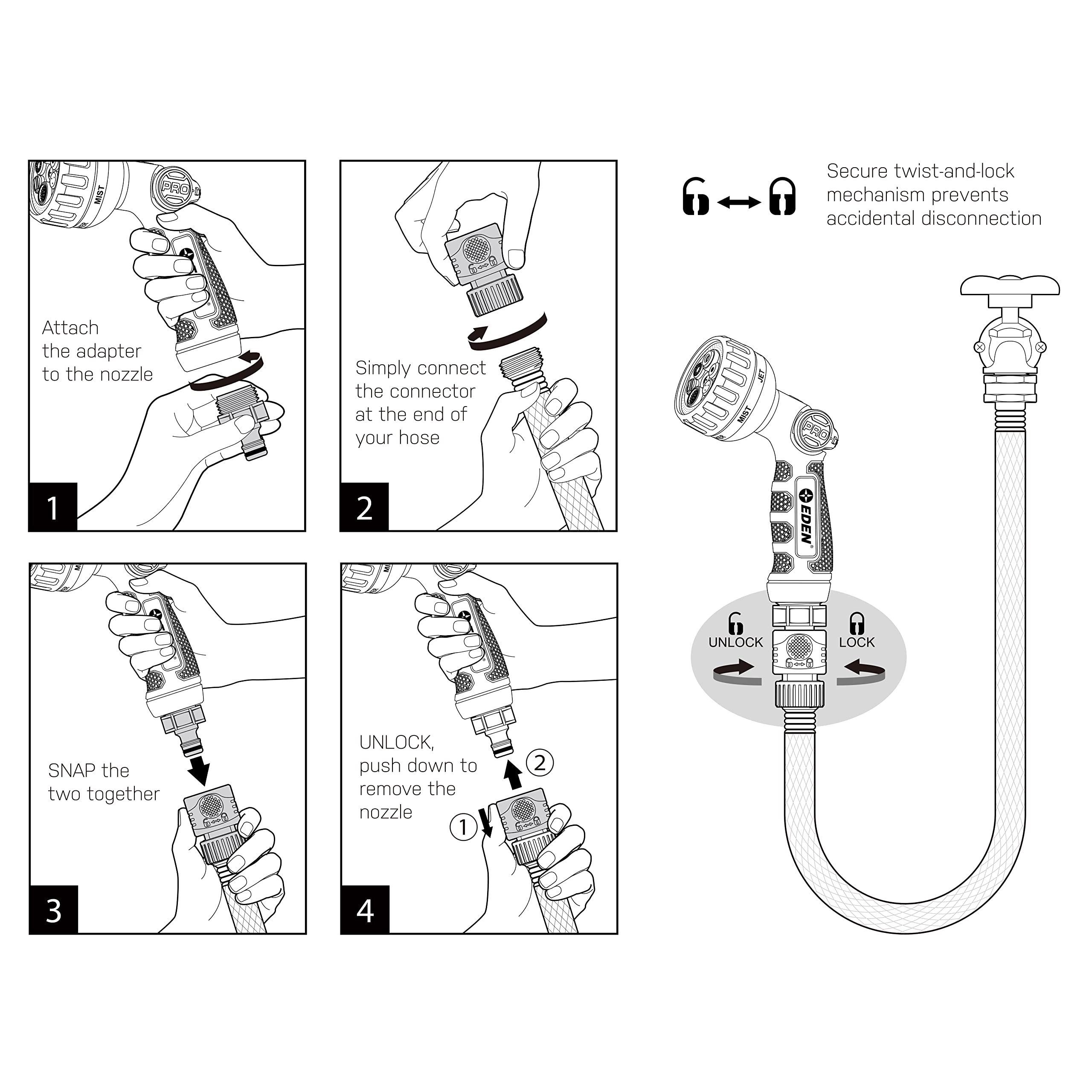 Eden 360-degree swivel nozzle prevents hose kinks during watering