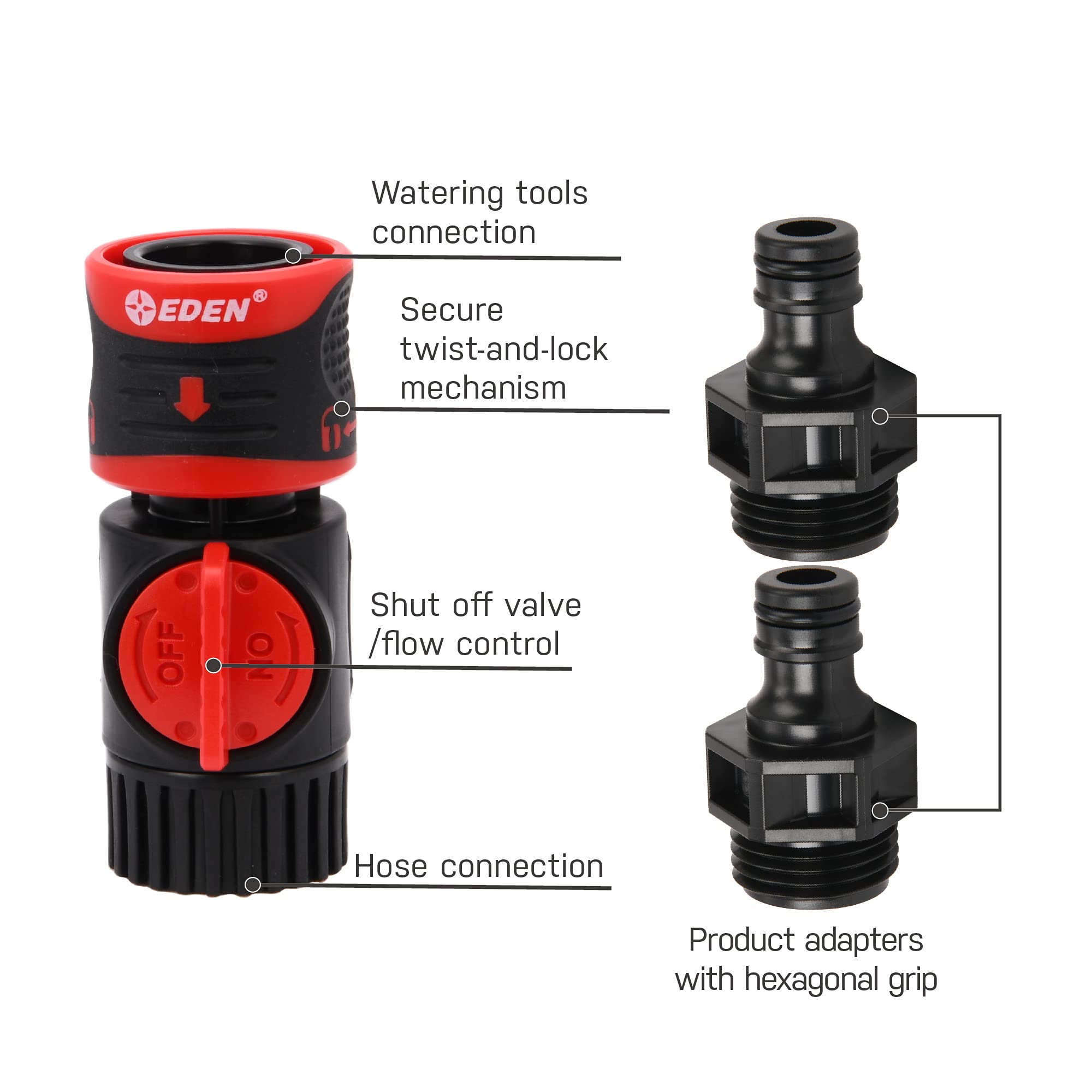 Eden 93218 flow-control valve close-up illustrating instant water adjustment at the connector.