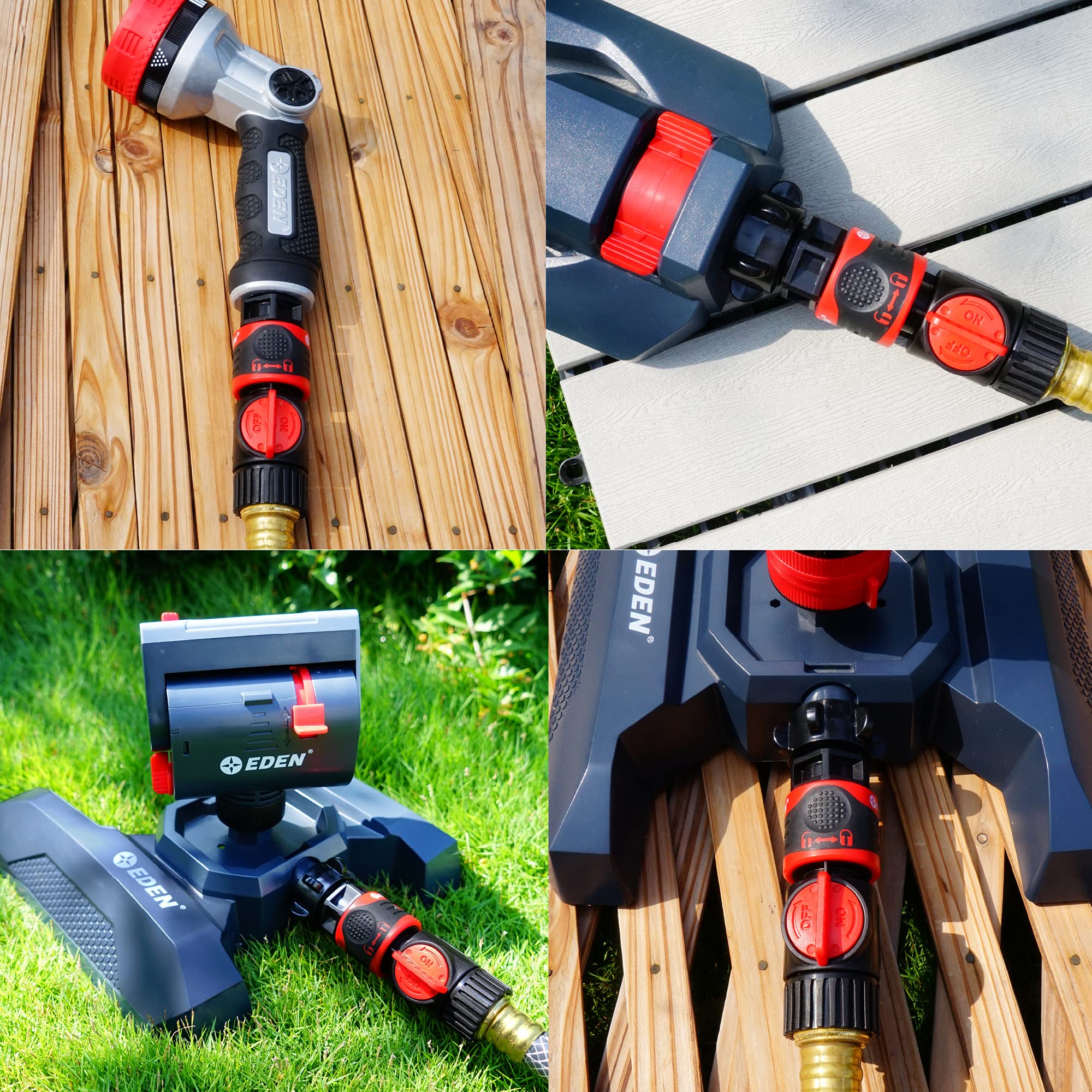 Eden 93218 in-action setup with multiple tools connected for efficient garden watering.