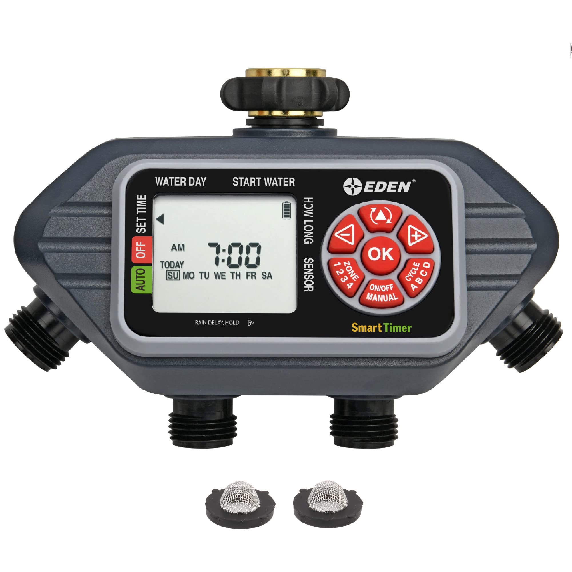 Eden 93413 four-zone timer panel showing independent irrigation control.