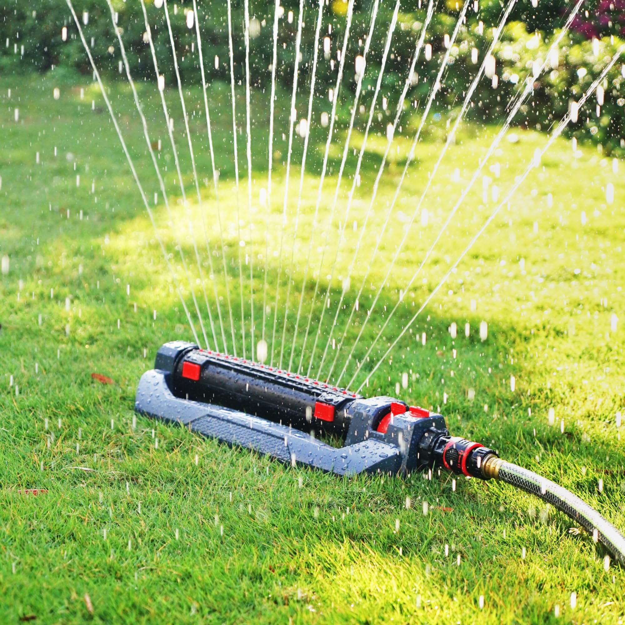 Eden 94094 turbo sprinkler side view highlighting adjustable range for precise watering