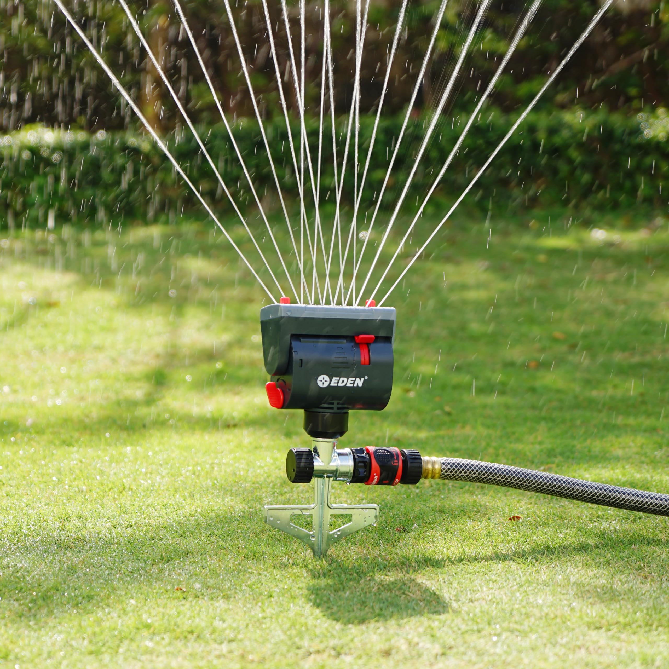 Eden 94145 metal step spike secures sprinkler firmly in diverse soil.