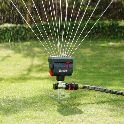 Eden 94145 metal step spike secures sprinkler firmly in diverse soil.