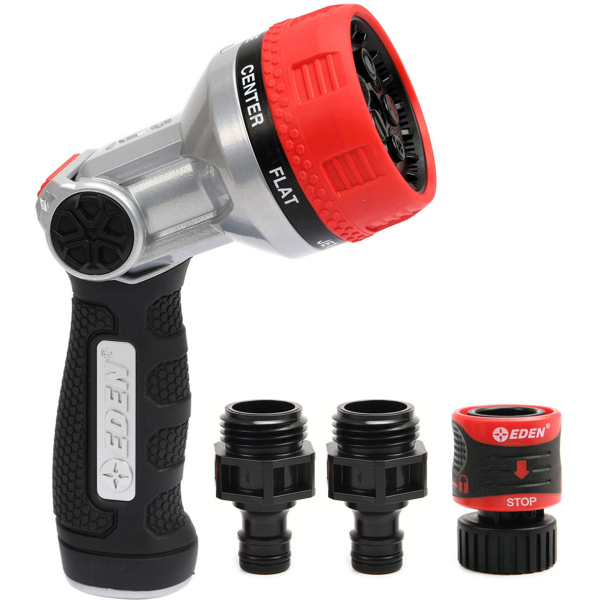 Eden 94805 metal thumb control nozzle with jet pattern for precise watering.