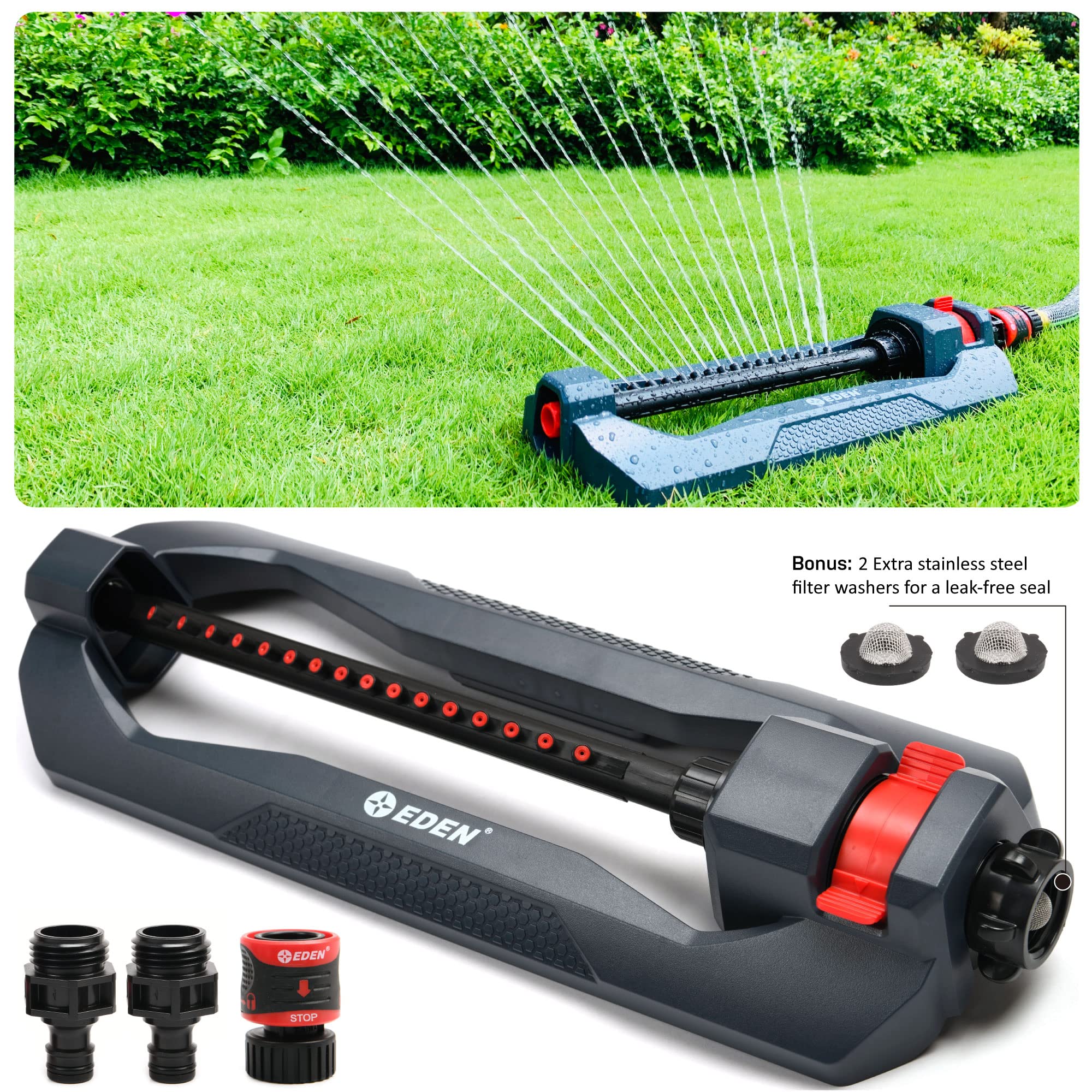 Eden sprinkler coverage to 3,600 sq ft enables lawn-wide even irrigation