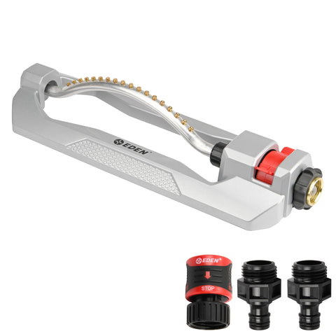 Eden 96218 sprinkler shows wide-area coverage for large lawns with even irrigation.