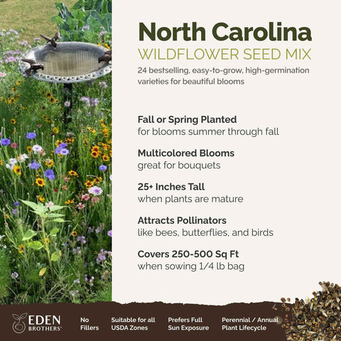 Eden Brothers NC Wildflower Mix seeds spread in soil, ready for spring planting.
