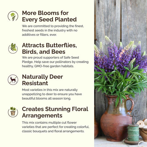 Pollinators visiting Eden Brothers mix blooms in a sunny garden.