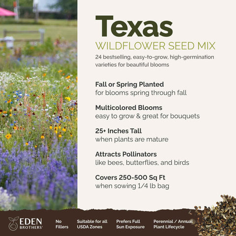 Eden Brothers Texas Wildflower Seeds closeup highlights pure, non-GMO mix for easy planting.