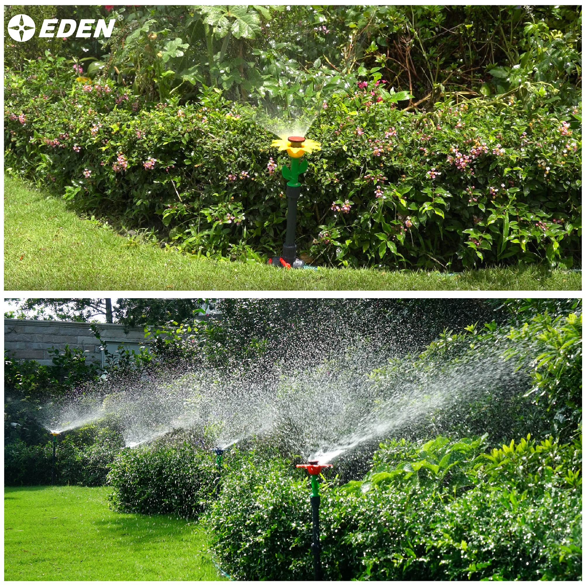 Sprinkler head on Eden Daisy shows angle and flow adjustment