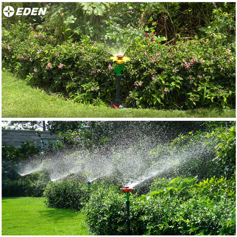 Sprinkler head on Eden Daisy shows angle and flow adjustment