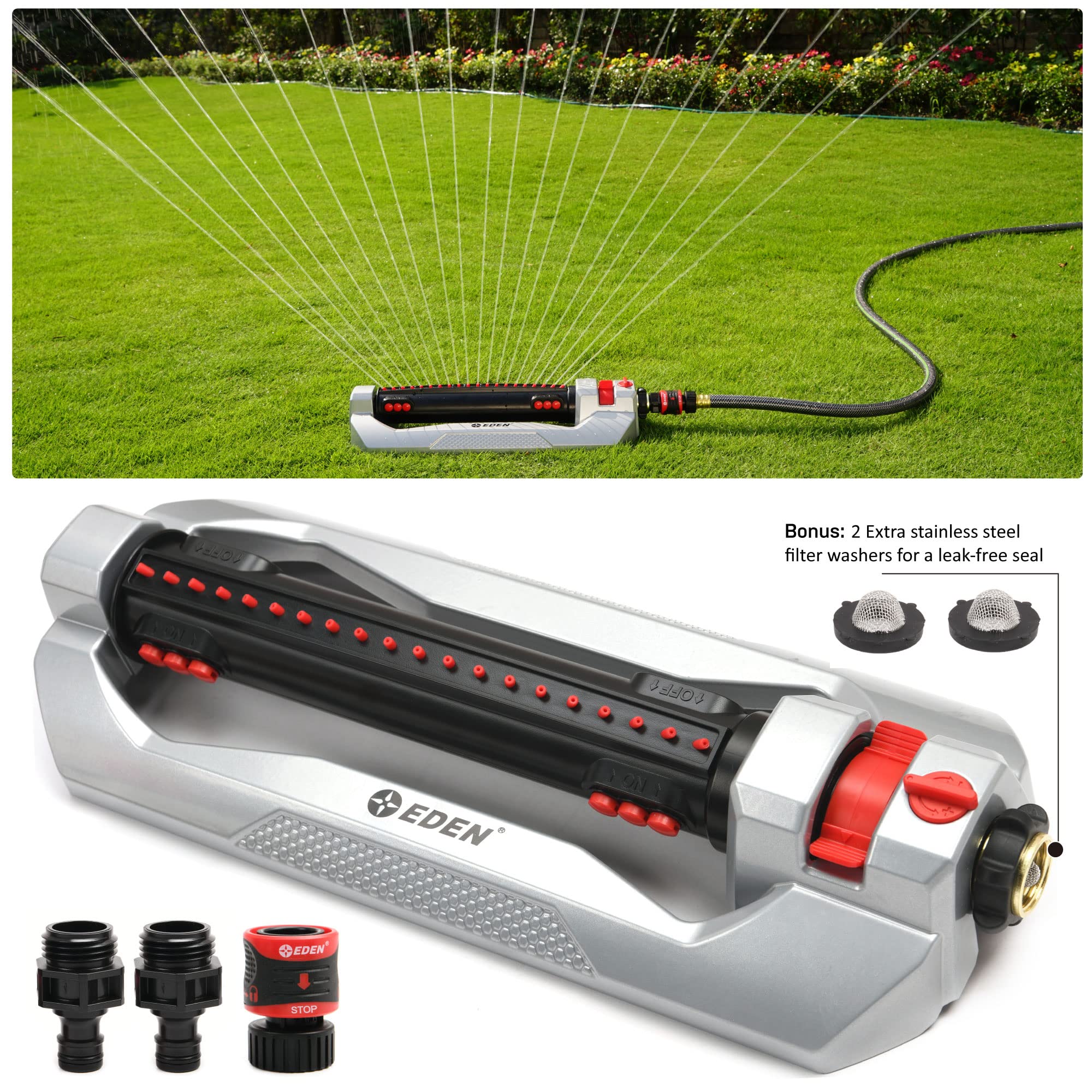 Eden Turbo's 20 precision nozzles ensure even watering across beds and lawns.