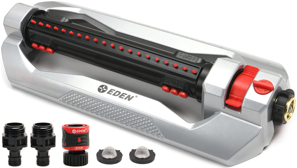 Eden Turbo Oscillating Sprinkler delivers wide coverage for large lawns.