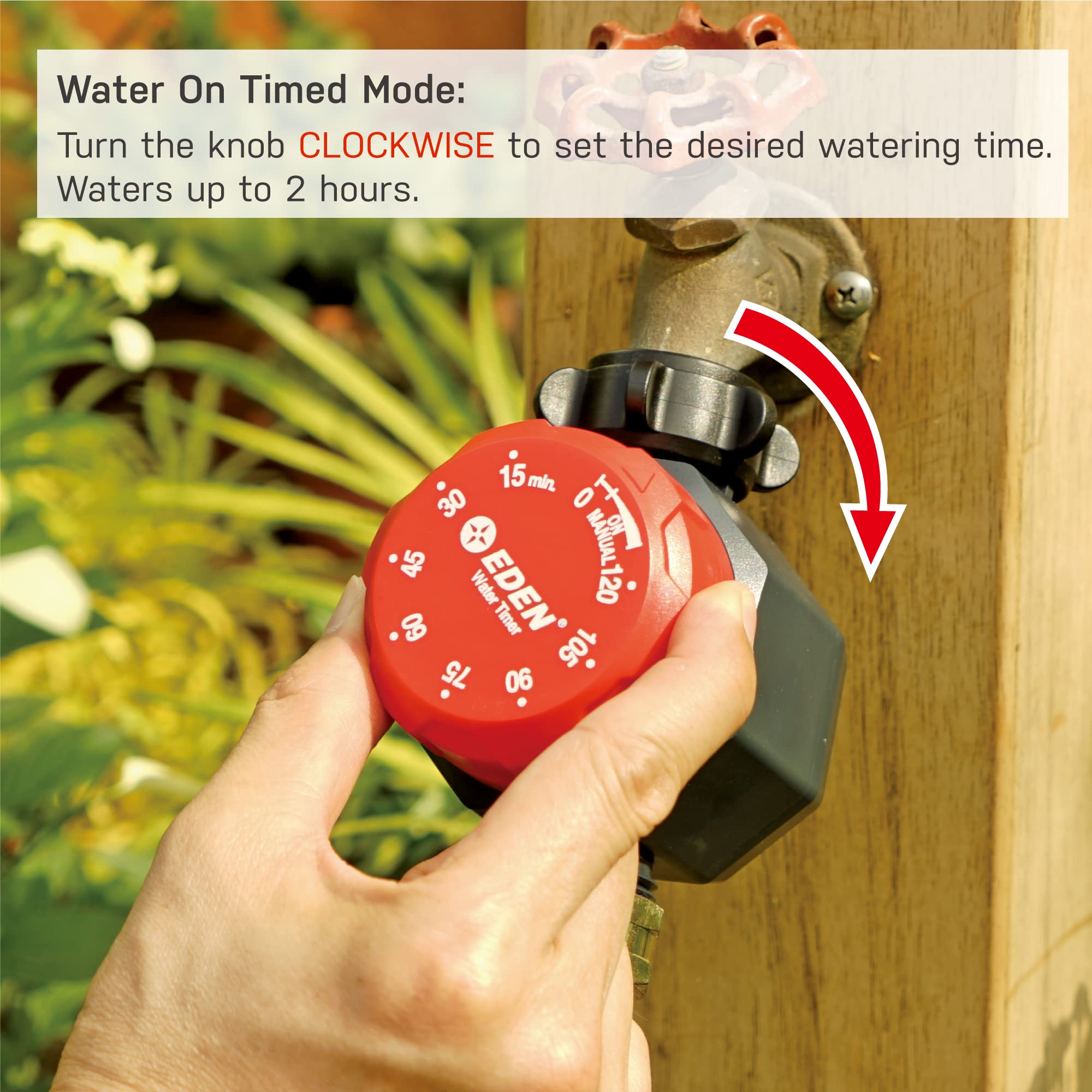 Eden Mechanical Hose Timer supports up to two hours of steady watering.