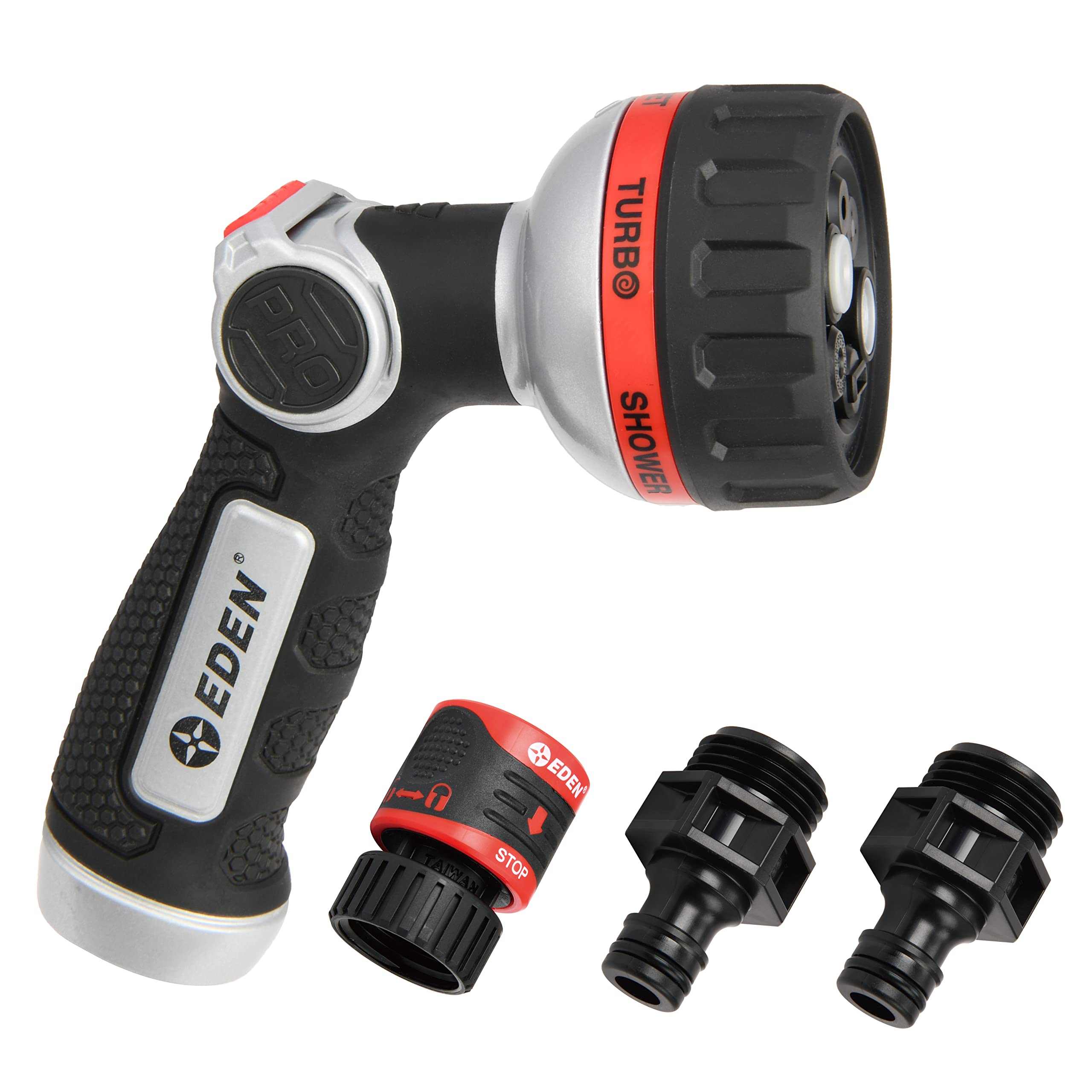 Eden metal thumb-control nozzle showing six-pattern spray for precise garden watering