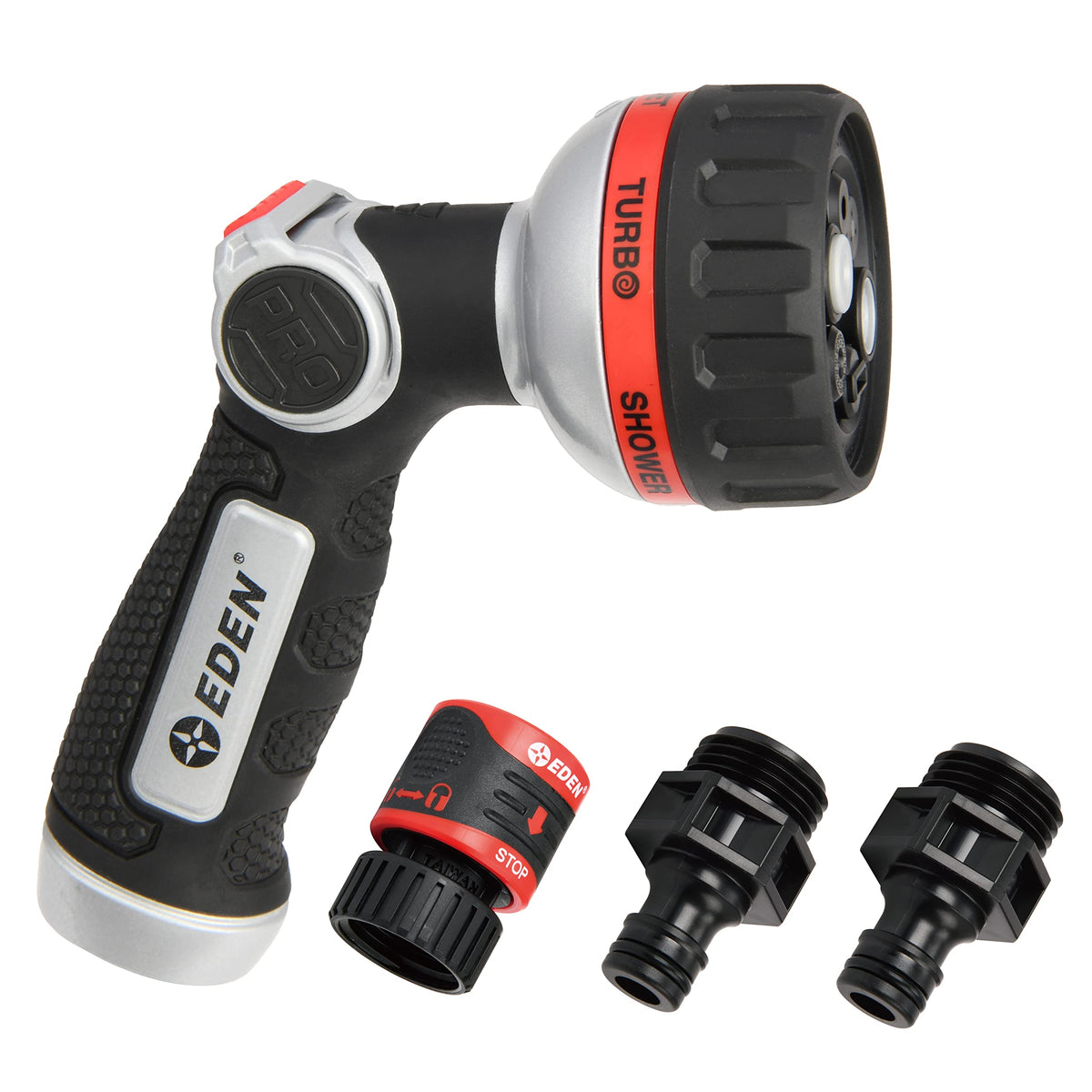 Eden metal thumb-control nozzle showing six-pattern spray for precise garden watering