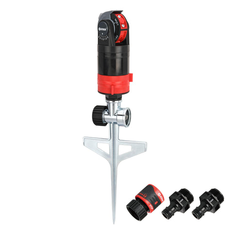 Eden Multi-Pattern Sprinkler with Step Spike demonstrates versatile lawn coverage