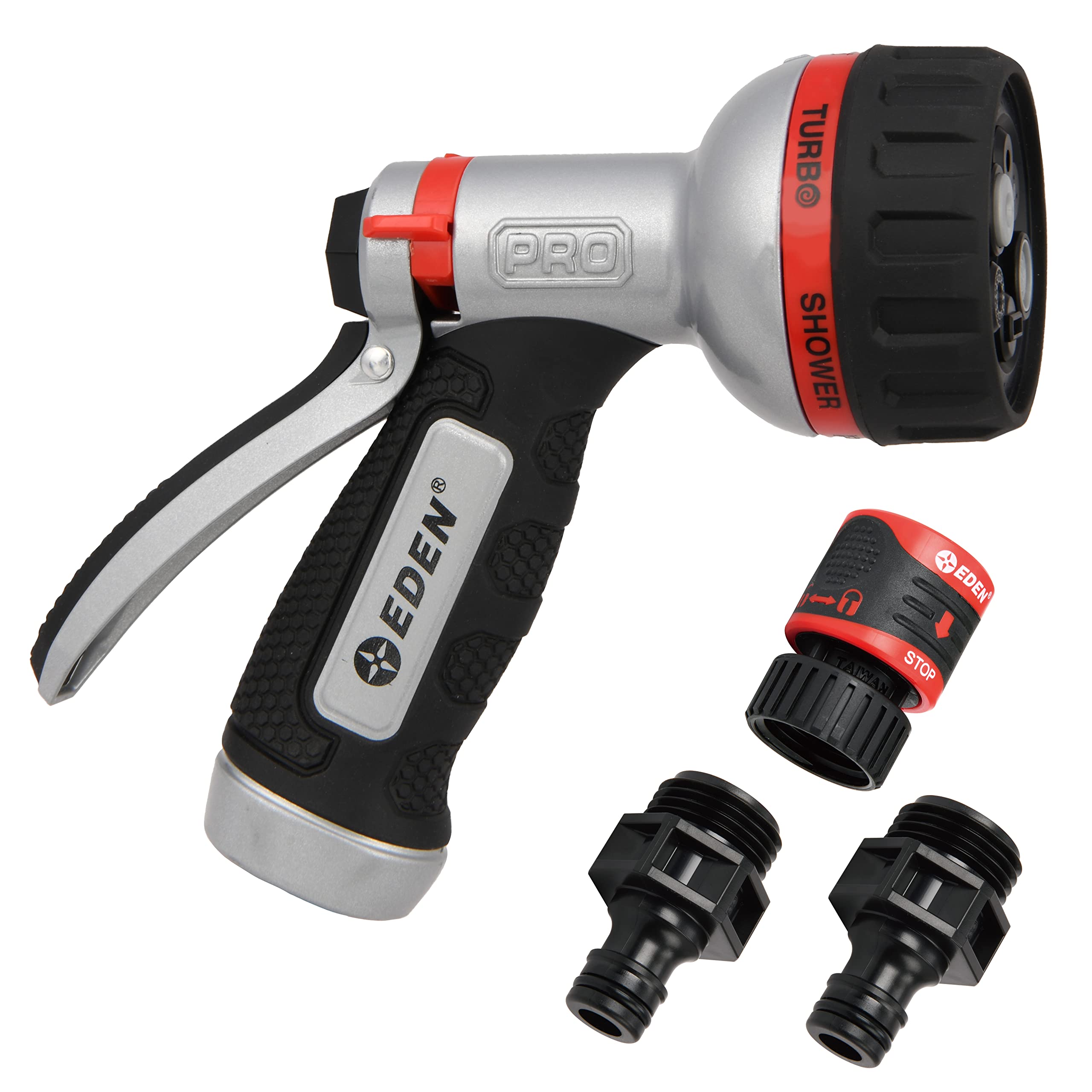 Eden PRO 94830 metal rear-trigger nozzle reduces hand strain across six spray patterns.