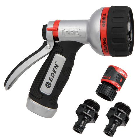 Eden PRO 94830 metal rear-trigger nozzle reduces hand strain across six spray patterns.