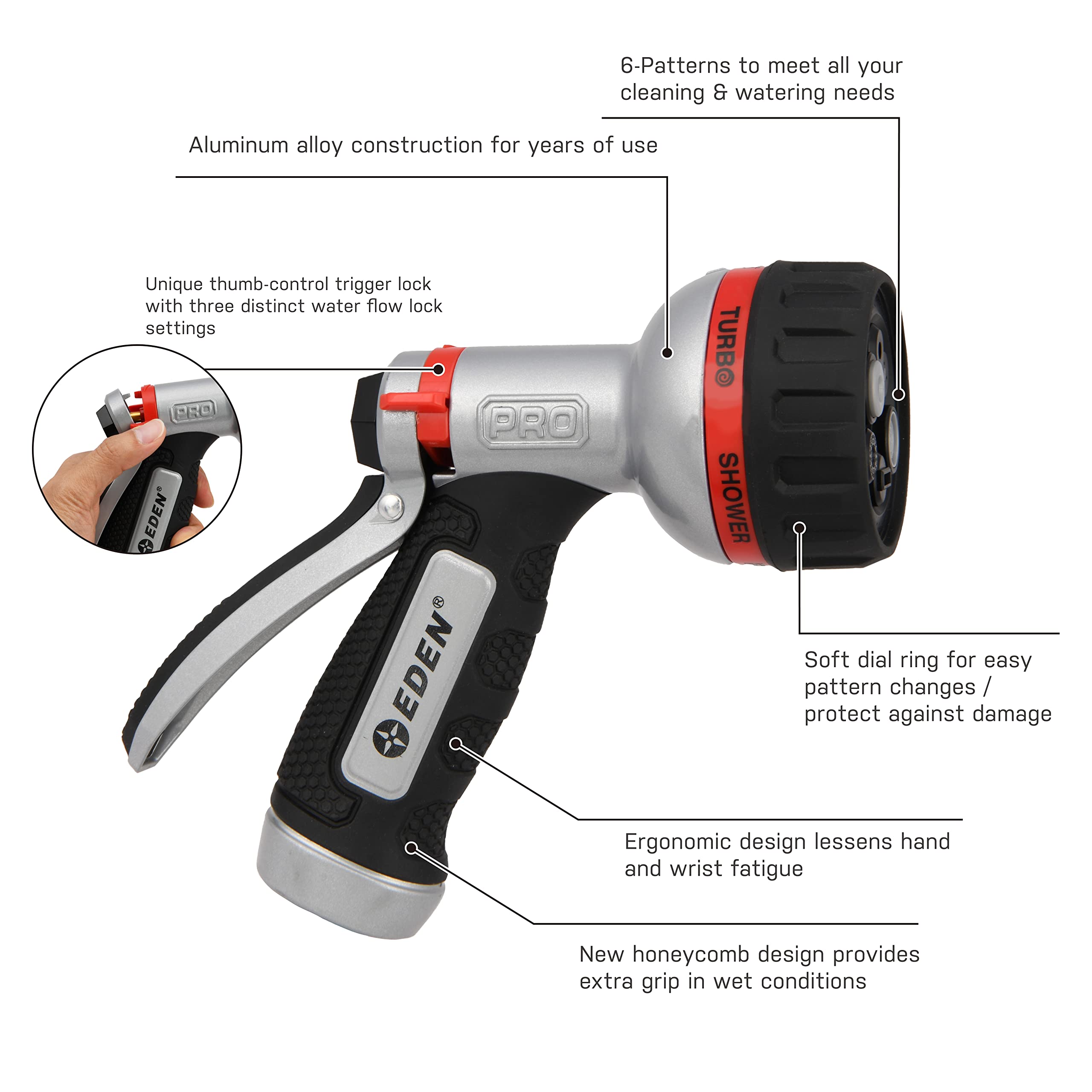 Eden PRO 94830 six-pattern dial enables flexible watering from jet to shower.