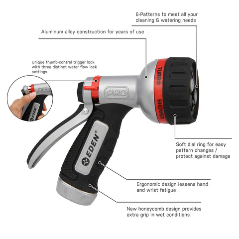 Eden PRO 94830 six-pattern dial enables flexible watering from jet to shower.