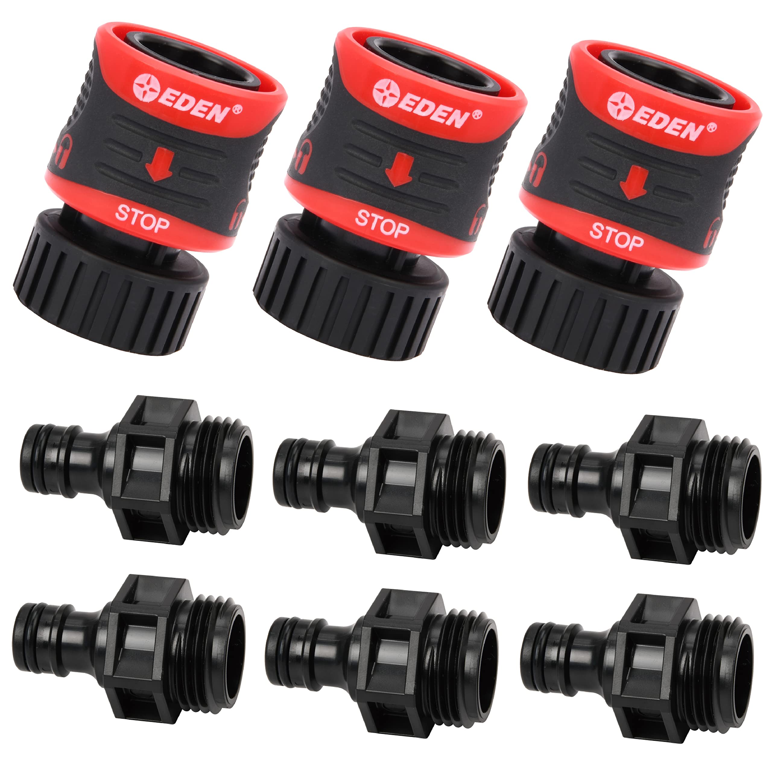 Eden Quick Connect end connector with water stop for easy tool swaps.