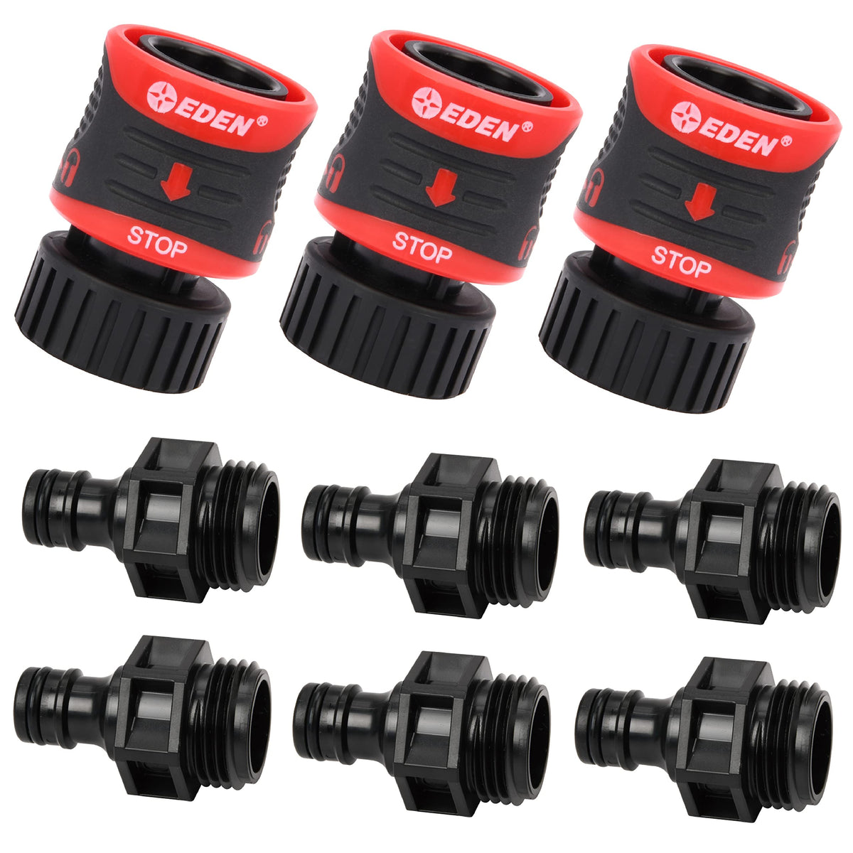 Eden Quick Connect end connector with water stop for easy tool swaps.