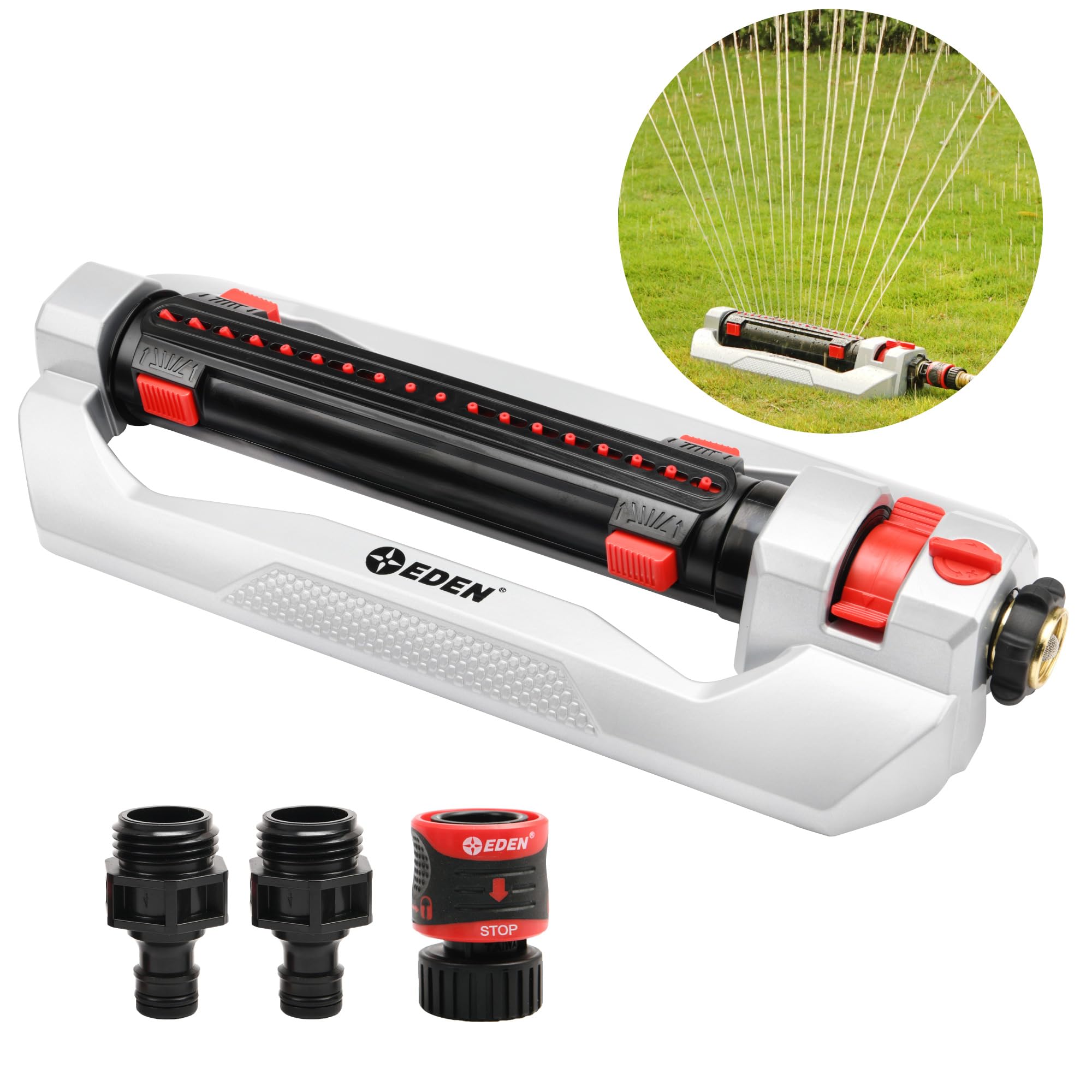 Eden Turbo Oscillating Sprinkler demonstrates 4000 sq ft coverage capacity in a yard.